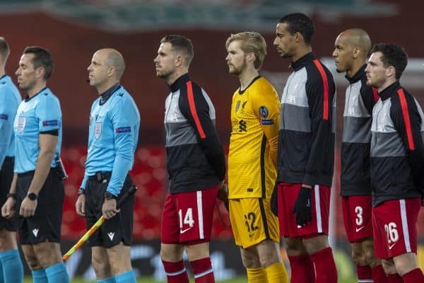 LIVERPOOL, ENGLAND - Tuesday, December 1, 2020: Liverpool's captain Jordan Henderson and goalkeeper Caoimhin Kelleher line-up before the UEFA Champions League Group D match between Liverpool FC and AFC Ajax at Anfield. (Pic by David Rawcliffe/Propaganda)