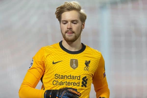 LIVERPOOL, ENGLAND - Tuesday, December 1, 2020: Liverpool's goalkeeper Caoimhin Kelleher during the UEFA Champions League Group D match between Liverpool FC and AFC Ajax at Anfield. (Pic by David Rawcliffe/Propaganda)