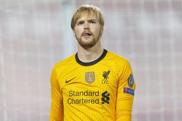 LIVERPOOL, ENGLAND - Tuesday, December 1, 2020: Liverpool's goalkeeper Caoimhin Kelleher during the UEFA Champions League Group D match between Liverpool FC and AFC Ajax at Anfield. (Pic by David Rawcliffe/Propaganda)