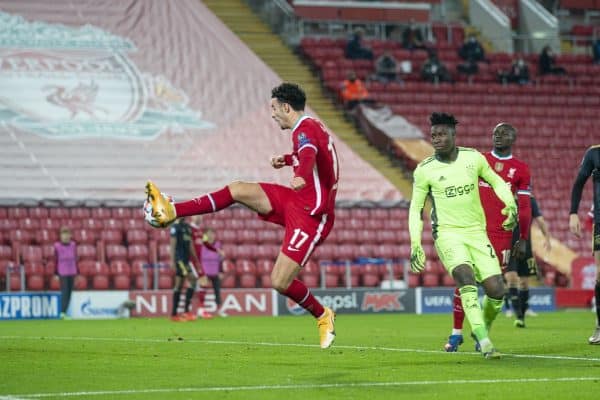 LIVERPOOL, ENGLAND - Tuesday, December 1, 2020: Liverpool's Curtis Jones scores the first goal during the UEFA Champions League Group D match between Liverpool FC and AFC Ajax at Anfield. (Pic by David Rawcliffe/Propaganda)