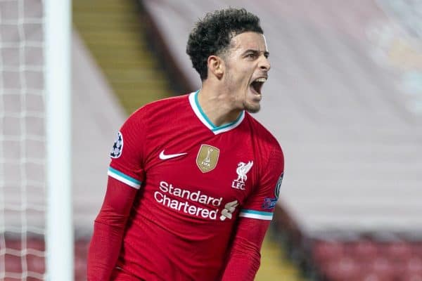 LIVERPOOL, ENGLAND - Tuesday, December 1, 2020: Liverpool's Curtis Jones celebrates after scoring the first goal during the UEFA Champions League Group D match between Liverpool FC and AFC Ajax at Anfield. (Pic by David Rawcliffe/Propaganda)