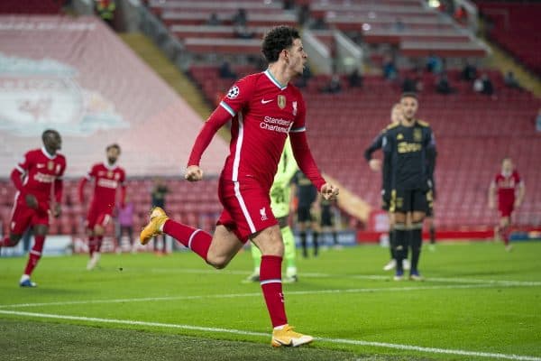 LIVERPOOL, ENGLAND - Tuesday, December 1, 2020: Liverpool's Curtis Jones celebrates after scoring the first goal during the UEFA Champions League Group D match between Liverpool FC and AFC Ajax at Anfield. (Pic by David Rawcliffe/Propaganda)