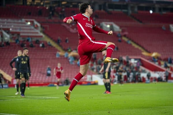 LIVERPOOL, ENGLAND - Tuesday, December 1, 2020: Liverpool's Curtis Jones celebrates after scoring the first goal during the UEFA Champions League Group D match between Liverpool FC and AFC Ajax at Anfield. (Pic by David Rawcliffe/Propaganda)