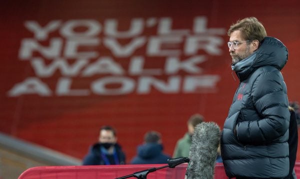 LIVERPOOL, ENGLAND - Tuesday, December 1, 2020: Liverpool's manager Jürgen Klopp gives a television interview before the UEFA Champions League Group D match between Liverpool FC and AFC Ajax at Anfield. (Pic by David Rawcliffe/Propaganda)