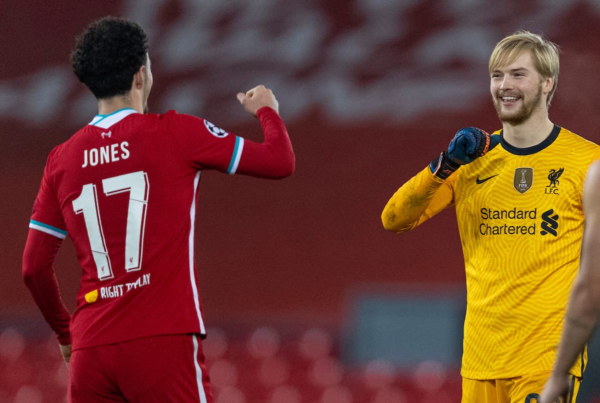LIVERPOOL, ENGLAND - Tuesday, December 1, 2020: Liverpool's goalkeeper Caoimhin Kelleher (R) celebrates with Curtis Jones after the UEFA Champions League Group D match between Liverpool FC and AFC Ajax at Anfield. Liverpool wo 1-0 and qualified for the Round of 16. (Pic by David Rawcliffe/Propaganda)