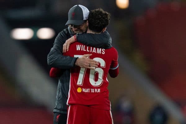 LIVERPOOL, ENGLAND - Tuesday, December 1, 2020: Liverpool's manager Jürgen Klopp embraces Neco Williams after the UEFA Champions League Group D match between Liverpool FC and AFC Ajax at Anfield. Liverpool won 1-0 and qualified for the Round of 16. (Pic by David Rawcliffe/Propaganda)