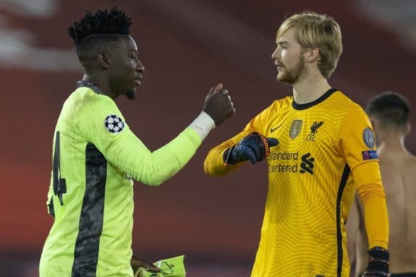 LIVERPOOL, ENGLAND - Tuesday, December 1, 2020: Liverpool's goalkeeper Caoimhin Kelleher (R) and Ajax's goalkeeper André Onana after the UEFA Champions League Group D match between Liverpool FC and AFC Ajax at Anfield. Liverpool won 1-0 and qualified for the Round of 16. (Pic by David Rawcliffe/Propaganda)