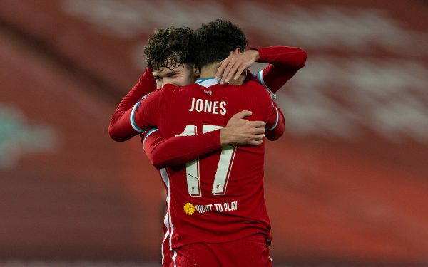 LIVERPOOL, ENGLAND - Tuesday, December 1, 2020: Liverpool's Curtis Jones celebrates after scoring the winning goal with team-mate Neco Williams (L) during the UEFA Champions League Group D match between Liverpool FC and AFC Ajax at Anfield. Liverpool won 1-0 and qualified for the Round of 16. (Pic by David Rawcliffe/Propaganda)