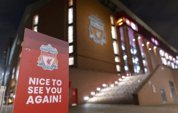 LIVERPOOL, ENGLAND - Sunday, December 6, 2020: Signage as Liverpool prepares to welcome 2,000 spectators back into the stadium, pictured before the FA Premier League match between Liverpool FC and Wolverhampton Wanderers FC at Anfield. (Pic by David Rawcliffe/Propaganda)