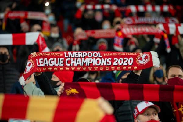 LIVERPOOL, ENGLAND - Sunday, December 6, 2020: Liverpool supporters sing "You'll Never Walk Alone" before the FA Premier League match between Liverpool FC and Wolverhampton Wanderers FC at Anfield. (Pic by David Rawcliffe/Propaganda)