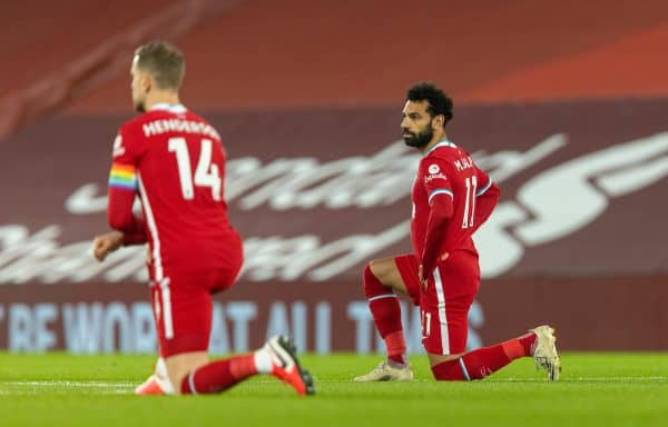 LIVERPOOL, ENGLAND - Sunday, December 6, 2020: Liverpool's Mohamed Salah kneels down (takes a knee) in support of the Black Lives Matter movement before the FA Premier League match between Liverpool FC and Wolverhampton Wanderers FC at Anfield. (Pic by David Rawcliffe/Propaganda)