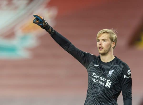 LIVERPOOL, ENGLAND - Sunday, December 6, 2020: Liverpool's goalkeeper Caoimhin Kelleher during the FA Premier League match between Liverpool FC and Wolverhampton Wanderers FC at Anfield. (Pic by David Rawcliffe/Propaganda)