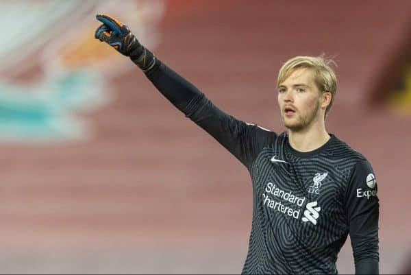 LIVERPOOL, ENGLAND - Sunday, December 6, 2020: Liverpool's goalkeeper Caoimhin Kelleher during the FA Premier League match between Liverpool FC and Wolverhampton Wanderers FC at Anfield. (Pic by David Rawcliffe/Propaganda)