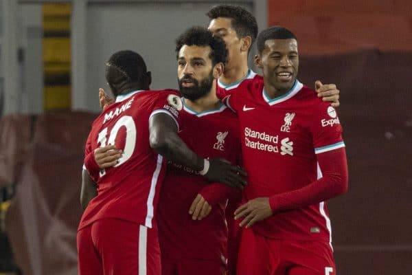 LIVERPOOL, ENGLAND - Sunday, December 6, 2020: Liverpool's Mohamed Salah celebrates after scoring the first goal during the FA Premier League match between Liverpool FC and Wolverhampton Wanderers FC at Anfield. (Pic by David Rawcliffe/Propaganda)