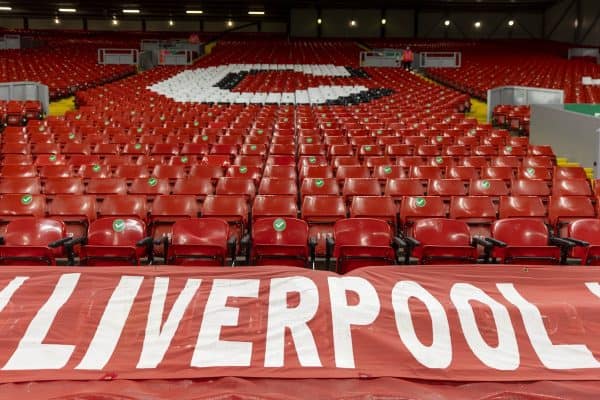 LIVERPOOL, ENGLAND - Sunday, December 6, 2020: A Liverpool supporters' banner seen on the Spion Kop as the club prepare to welcome 2,000 spectators back into the stadium, pictured before the FA Premier League match between Liverpool FC and Wolverhampton Wanderers FC at Anfield. (Pic by David Rawcliffe/Propaganda)