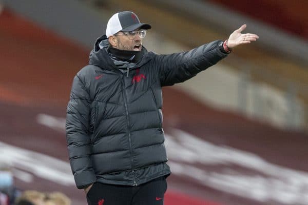 LIVERPOOL, ENGLAND - Sunday, December 6, 2020: Liverpool's manager Jürgen Klopp reacts during the FA Premier League match between Liverpool FC and Wolverhampton Wanderers FC at Anfield. (Pic by David Rawcliffe/Propaganda)