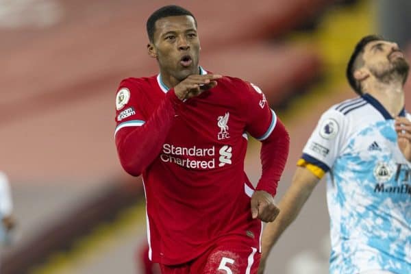 LIVERPOOL, ENGLAND - Sunday, December 6, 2020: Liverpool's Georginio Wijnaldum celebrates after scoring the second goal during the FA Premier League match between Liverpool FC and Wolverhampton Wanderers FC at Anfield. (Pic by David Rawcliffe/Propaganda)