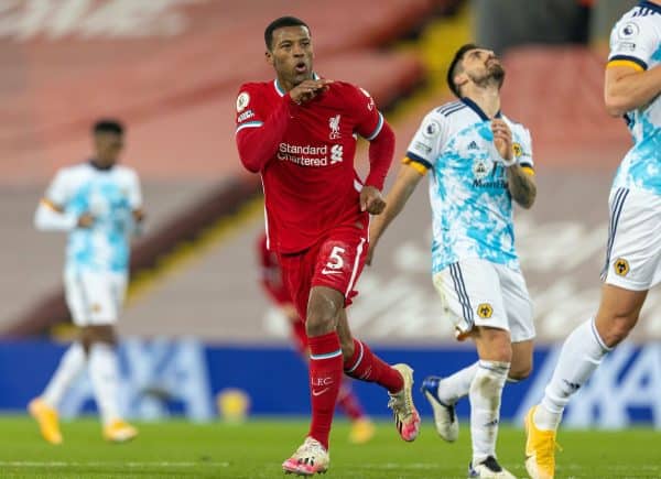 LIVERPOOL, ENGLAND - Sunday, December 6, 2020: Liverpool's Georginio Wijnaldum celebrates after scoring the second goal during the FA Premier League match between Liverpool FC and Wolverhampton Wanderers FC at Anfield. (Pic by David Rawcliffe/Propaganda)