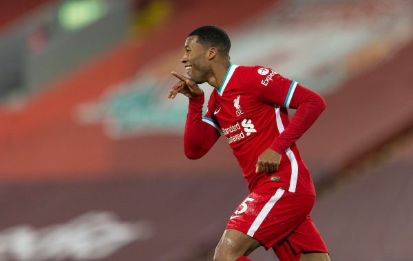 LIVERPOOL, ENGLAND - Sunday, December 6, 2020: Liverpool's Georginio Wijnaldum celebrates after scoring the second goal during the FA Premier League match between Liverpool FC and Wolverhampton Wanderers FC at Anfield. (Pic by David Rawcliffe/Propaganda)