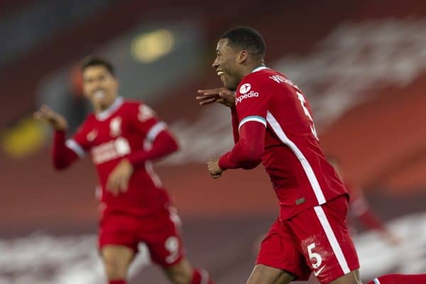 LIVERPOOL, ENGLAND - Sunday, December 6, 2020: Liverpool's Georginio Wijnaldum celebrates after scoring the second goal during the FA Premier League match between Liverpool FC and Wolverhampton Wanderers FC at Anfield. (Pic by David Rawcliffe/Propaganda)