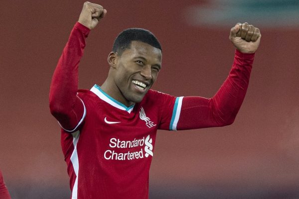 LIVERPOOL, ENGLAND - Sunday, December 6, 2020: Liverpool's Georginio Wijnaldum celebrates after scoring the second goal during the FA Premier League match between Liverpool FC and Wolverhampton Wanderers FC at Anfield. (Pic by David Rawcliffe/Propaganda)