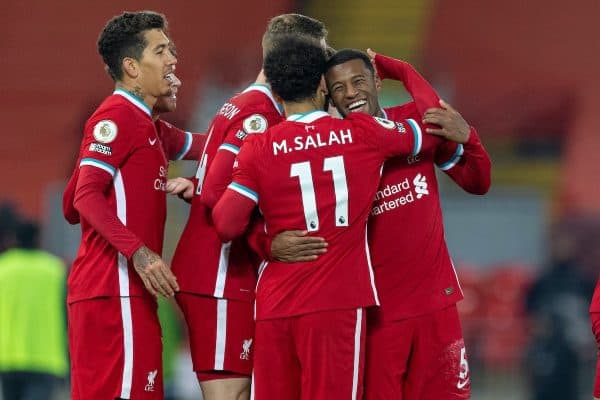 LIVERPOOL, ENGLAND - Sunday, December 6, 2020: Liverpool's Georginio Wijnaldum celebrates after scoring the second goal during the FA Premier League match between Liverpool FC and Wolverhampton Wanderers FC at Anfield. (Pic by David Rawcliffe/Propaganda)