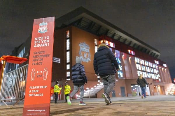 LIVERPOOL, ENGLAND - Sunday, December 6, 2020: Liverpool supporters enters the Green Zone outside the stadium as the club prepare to welcome 2,000 spectators back into the stadium, pictured before the FA Premier League match between Liverpool FC and Wolverhampton Wanderers FC at Anfield. (Pic by David Rawcliffe/Propaganda)