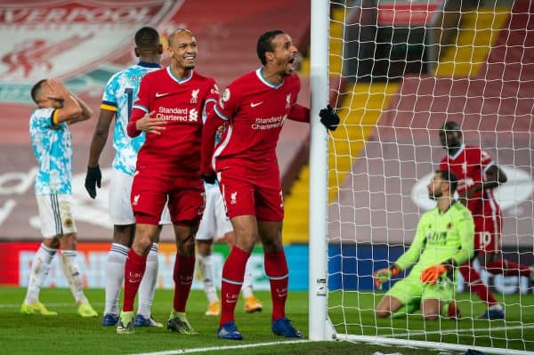 LIVERPOOL, ENGLAND - Sunday, December 6, 2020: Liverpool's Joel Matip (R) celebrates after scoring the third goal during the FA Premier League match between Liverpool FC and Wolverhampton Wanderers FC at Anfield. (Pic by David Rawcliffe/Propaganda)