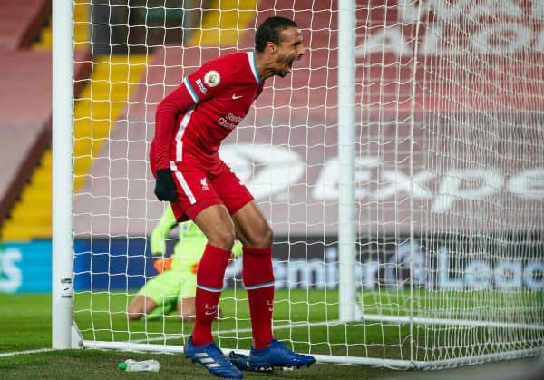 LIVERPOOL, ENGLAND - Sunday, December 6, 2020: Liverpool's Joel Matip celebrates after scoring the third goal during the FA Premier League match between Liverpool FC and Wolverhampton Wanderers FC at Anfield. (Pic by David Rawcliffe/Propaganda)