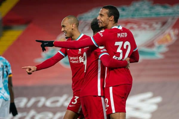 LIVERPOOL, ENGLAND - Sunday, December 6, 2020: Liverpool's Joel Matip (R) celebrates after scoring the third goal during the FA Premier League match between Liverpool FC and Wolverhampton Wanderers FC at Anfield. (Pic by David Rawcliffe/Propaganda)