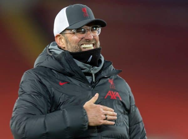 LIVERPOOL, ENGLAND - Sunday, December 6, 2020: Liverpool's manager Jürgen Klopp celebrates after the FA Premier League match between Liverpool FC and Wolverhampton Wanderers FC at Anfield. Liverpool won 4-0. (Pic by David Rawcliffe/Propaganda)