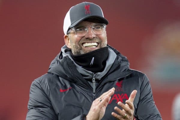 LIVERPOOL, ENGLAND - Sunday, December 6, 2020: Liverpool's manager Jürgen Klopp celebrates after the FA Premier League match between Liverpool FC and Wolverhampton Wanderers FC at Anfield. Liverpool won 4-0. (Pic by David Rawcliffe/Propaganda)