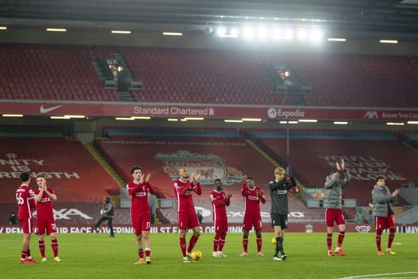 LIVERPOOL, ENGLAND - Sunday, December 6, 2020: Liverpool players applaud the supporters on the Kop after the FA Premier League match between Liverpool FC and Wolverhampton Wanderers FC at Anfield. Liverpool won 4-0. (Pic by David Rawcliffe/Propaganda)