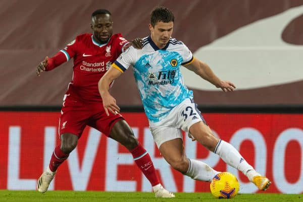 LIVERPOOL, ENGLAND - Sunday, December 6, 2020: Liverpool's Naby Keita (L) and Wolverhampton Wanderers' Leander Dendoncker during the FA Premier League match between Liverpool FC and Wolverhampton Wanderers FC at Anfield. (Pic by David Rawcliffe/Propaganda)