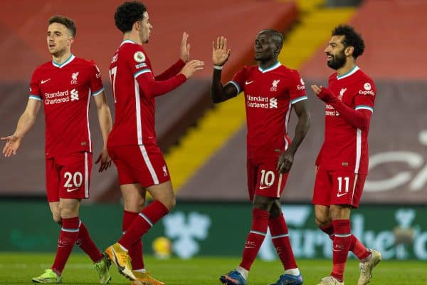 LIVERPOOL, ENGLAND - Sunday, December 6, 2020: Liverpool's Sadio Mané (2nd from R) celebrates after scoring the fourth goal with team-mates Curtis Jones (L) and Mohamed Salah (R) during the FA Premier League match between Liverpool FC and Wolverhampton Wanderers FC at Anfield. (Pic by David Rawcliffe/Propaganda)