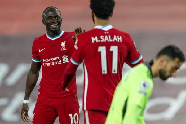 LIVERPOOL, ENGLAND - Sunday, December 6, 2020: Liverpool's Sadio Mané (L) celebrates after scoring the fourth goal during the FA Premier League match between Liverpool FC and Wolverhampton Wanderers FC at Anfield. Liverpool won 4-0. (Pic by David Rawcliffe/Propaganda)