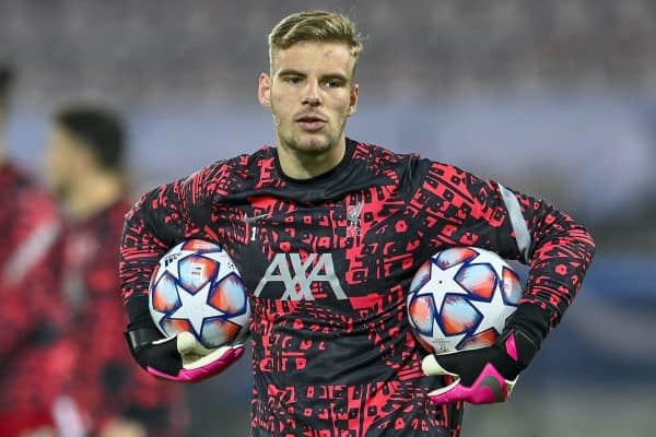 HERNING, DENMARK - Wednesday, December 9, 2020: Liverpool's goalkeeper Jaros Vitezslav during the pre-match warm-up before the UEFA Champions League Group D match between FC Midtjylland and Liverpool FC at the Herning Arena. (Pic by Lars Møller/Propaganda)