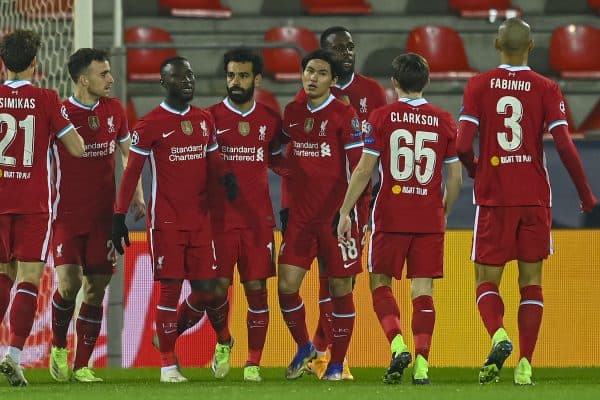 HERNING, DENMARK - Wednesday, December 9, 2020: Liverpool's Mohamed Salah (C) celebrates after scoring the first goal during the UEFA Champions League Group D match between FC Midtjylland and Liverpool FC at the Herning Arena. (Pic by Lars Møller/Propaganda)