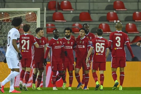 HERNING, DENMARK - Wednesday, December 9, 2020: Liverpool's Mohamed Salah (C) celebrates after scoring the first goal during the UEFA Champions League Group D match between FC Midtjylland and Liverpool FC at the Herning Arena. (Pic by Lars Møller/Propaganda)