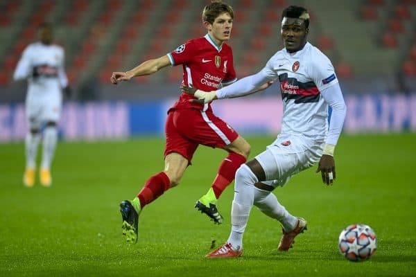 HERNING, DENMARK - Wednesday, December 9, 2020: Liverpool's Leighton Clarkson during the UEFA Champions League Group D match between FC Midtjylland and Liverpool FC at the Herning Arena. (Pic by Lars Møller/Propaganda)