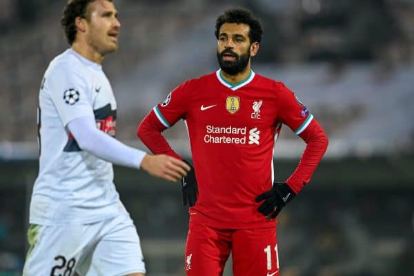 HERNING, DENMARK - Wednesday, December 9, 2020: Liverpool's Mohamed Salah during the UEFA Champions League Group D match between FC Midtjylland and Liverpool FC at the Herning Arena. (Pic by Lars Møller/Propaganda)