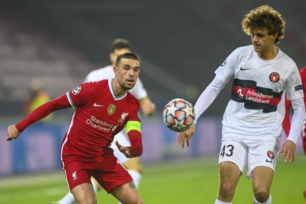 HERNING, DENMARK - Wednesday, December 9, 2020: Liverpool's captain Jordan Henderson during the UEFA Champions League Group D match between FC Midtjylland and Liverpool FC at the Herning Arena. (Pic by Lars Møller/Propaganda)