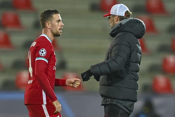 HERNING, DENMARK - Wednesday, December 9, 2020: Liverpool's captain Jordan Henderson (L) and manager Jürgen Klopp after the UEFA Champions League Group D match between FC Midtjylland and Liverpool FC at the Herning Arena. (Pic by Lars Møller/Propaganda)