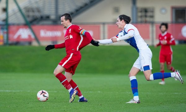 KIRKBY, ENGLAND - Saturday, December 12, 2020: Liverpool's captain Liam Millar (L) and Blackburn Rovers' Louie Annesley during the Premier League 2 Division 1 match between Liverpool FC Under-23's and Blackburn Rovers FC Under-23's at the Liverpool Academy. (Pic by David Rawcliffe/Propaganda)