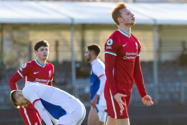 KIRKBY, ENGLAND - Saturday, December 12, 2020: Liverpool's Sepp van den Berg celebrates after scoring the first goal during the Premier League 2 Division 1 match between Liverpool FC Under-23's and Blackburn Rovers FC Under-23's at the Liverpool Academy. (Pic by David Rawcliffe/Propaganda)