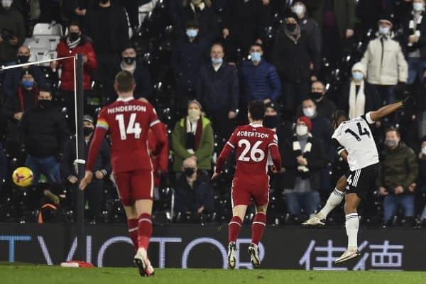 LONDON, ENGLAND - Sunday, December 13, 2020: Fulham's Bobby De Cordova-Reid scores the first goal during the FA Premier League match between Fulham FC and Liverpool FC at Craven Cottage. (Pic by David Rawcliffe/Propaganda)