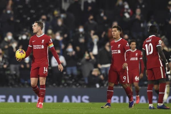 LONDON, ENGLAND - Sunday, December 13, 2020: Liverpool's captain Jordan Henderson and Roberto Firmino look dejected as Fulham score the opening goal during the FA Premier League match between Fulham FC and Liverpool FC at Craven Cottage. (Pic by David Rawcliffe/Propaganda)