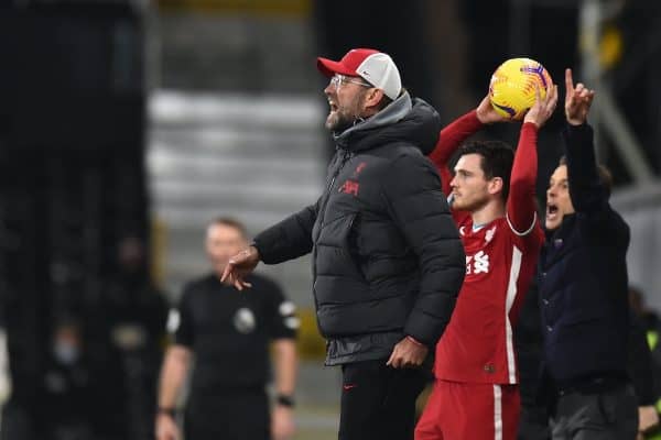 LONDON, ENGLAND - Sunday, December 13, 2020: Liverpool's manager Jürgen Klopp reacts during the FA Premier League match between Fulham FC and Liverpool FC at Craven Cottage. (Pic by David Rawcliffe/Propaganda)