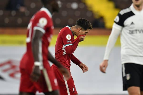 LONDON, ENGLAND - Sunday, December 13, 2020: Liverpool's Roberto Firmino looks dejected during the FA Premier League match between Fulham FC and Liverpool FC at Craven Cottage. (Pic by David Rawcliffe/Propaganda)