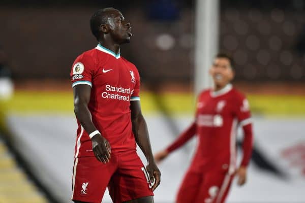 LONDON, ENGLAND - Sunday, December 13, 2020: Liverpool's Sadio Mané looks dejected after missing a chance during the FA Premier League match between Fulham FC and Liverpool FC at Craven Cottage. (Pic by David Rawcliffe/Propaganda)